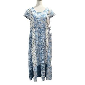 April Cornell Patchwork Dress Blue White Floral Cotton Maxi Womens Medium Boho